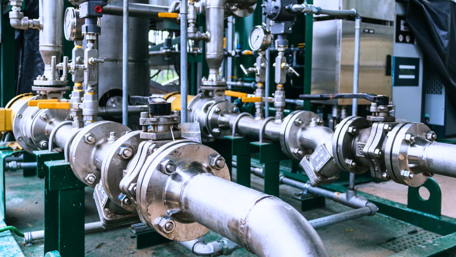 Industrial steam pipework, valves and pressure gauges